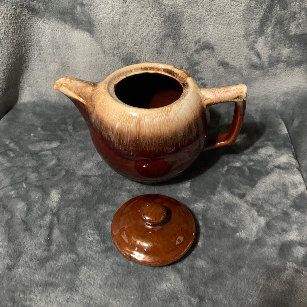 McCoy Vintage Teapot MCM Brown Cream Drip Glaze Ceramic Cottagecore RusticEUC